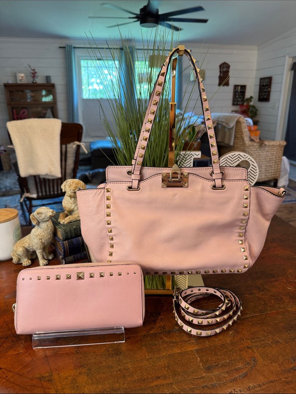 🩵Valentino Garavani Pink Leather Stud Tote with Matching Wallet and Strap